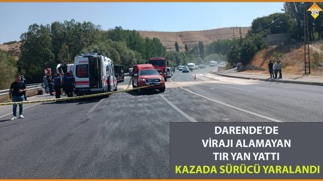 DARENDE’DE VİRAJI ALAMAYAN TIR YAN YATTI